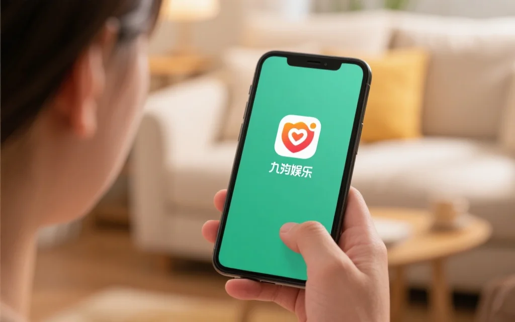 一位用户手持手机，屏幕上显示九游娱乐应用图标，背景为温馨家居环境，突出安全感