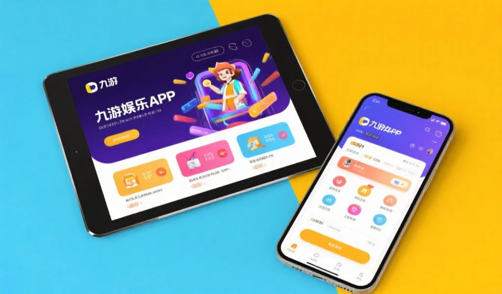 平板电脑和手机屏幕上展示九游娱乐APP的全新视觉界面，色彩明快，风格现代